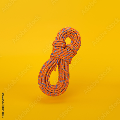 Climbing rope orange floating on a yellow background, 3d render photo
