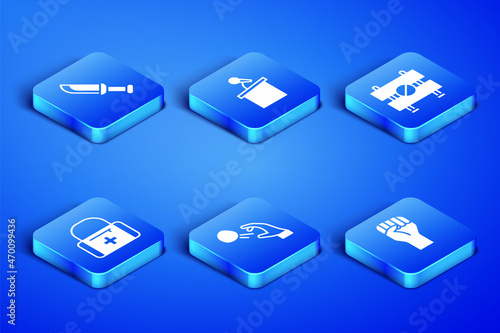Set Raised hand with clenched fist, Military knife, Hooligan shooting stones, First aid kit, Stage stand or tribune and Road barrier icon. Vector