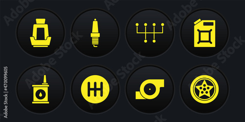 Set Canister for motor oil, gasoline, Gear shifter, Automotive turbocharger, Car spark plug, wheel and seat icon. Vector