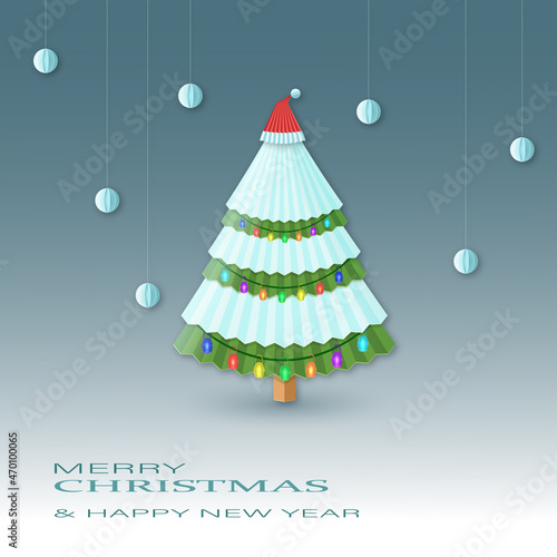 Merry Christmas and Happy New Year greeting card with paper Christmas tree and snowballs in origami style. With lettering and copy space