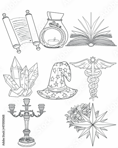vector illustration linear icons magic set, esotericism, magic, antiquity