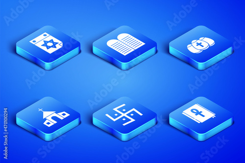 Set Cross ankh book, Jewish calendar, Hindu swastika, Church building, The commandments and Easter egg icon. Vector