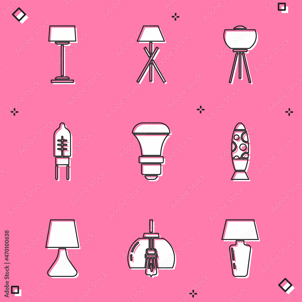Set Floor lamp, Light emitting diode, LED light bulb, Table and Chandelier icon. Vector Set Floor lamp, Light emitting diode, LED light bulb, Table and Chandelier icon. Vector