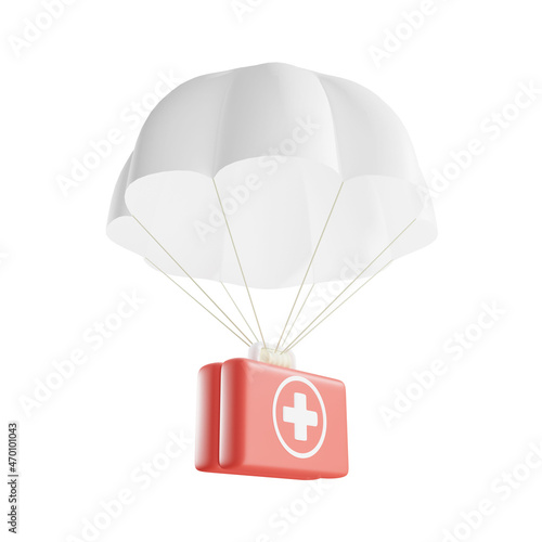 Fototapeta Naklejka Na Ścianę i Meble -  3D parachute with first aid kit, isolated on white background, 3d rendering