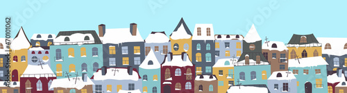 Horizontal seamless pattern with snow houses. Winter town. Colorful windows, roofs and doors of buildings. Design for frames or borders. Vector illustration in doodle style