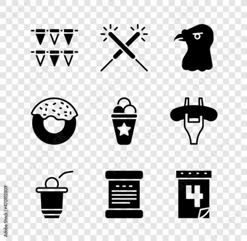 Set Carnival garland with flags, Sparkler firework, Eagle head, Beer pong game, Declaration of independence, Calendar date July 4, Donut and Ice cream waffle cone icon. Vector