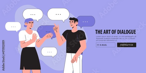 Productive dialogue or conversation between man and woman. Art of business and corporate communication between coworkers, manager and team. People or couple talk or have lively discussion in office.