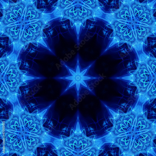 Christmas seamless pattern. Luxury futuristic wrapping. Blue ornament. Black background. Blue light. Glow. Modern pattern for packing. Holiday. Merry Christmas! Happy New Year!