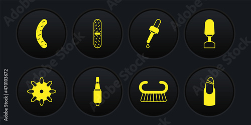 Set False nails, Milling cutter for manicure, Pedicure brush grater, Pipette with oil, Nail file, Broken and icon. Vector
