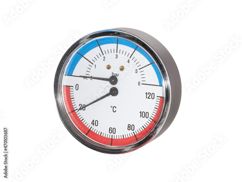 The axial thermomanometer is a combined device for measuring pressure and temperature in heating systems. Consists of a spring pressure gauge and a bimetallic coil for temperature. 