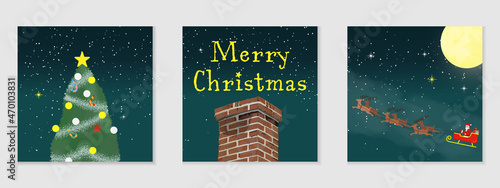 Set of Merry Christmas greeting cards. vector illustration, square, social media post, Santa Claus, tree, chimney, lettering, sign, icon, watercolor, star, moon, Instagram