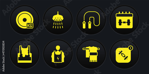 Set Sweaty sleeveless t-shirt, Calendar fitness, Bodybuilder, Towel on hanger, Jump rope, Shower, Fitness app and Weight plate icon. Vector