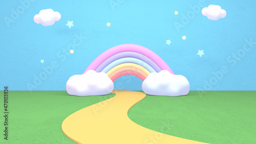 3d rendered cartoon rainbow and road. photo
