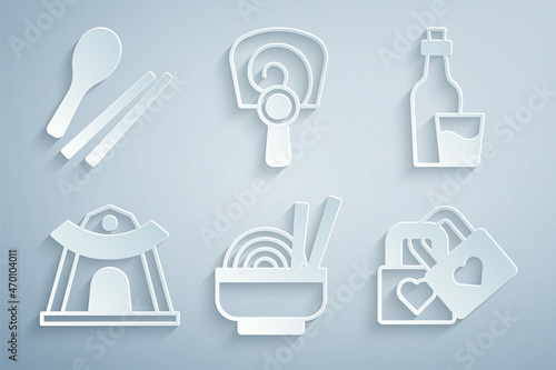 Set Asian noodles in bowl, Soju bottle, Korean temple, Lock with heart, hand fan and Food chopsticks icon. Vector