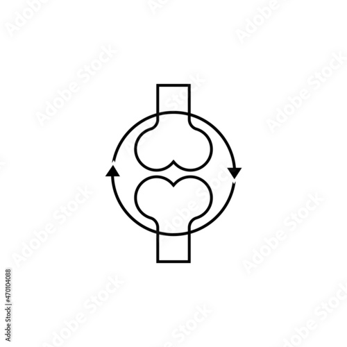 Bone metabolism icon and joints. Two bone together and round pointer, arrow. Vector clipart and drawing. Linear outline. Editable Isolated illustration on white background.