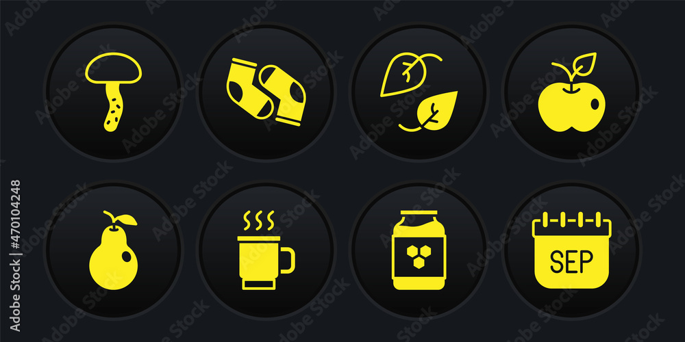 Set Pear, Apple, Cup of tea, Jar honey, Leaf, Socks, September calendar autumn and Mushroom icon. Vector Set Pear, Apple, Cup of tea, Jar honey, Leaf, Socks, September calendar autumn and Mushroom icon. Vector