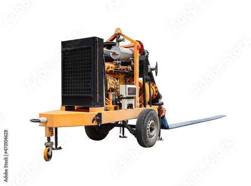 Large towing pump installed in the corridor above the sewer with white background. Isolated.