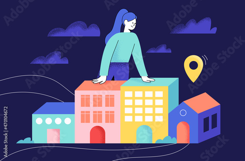 Searching for new house. Woman looking for apartment. Rent Online. Flat Vector Illustration