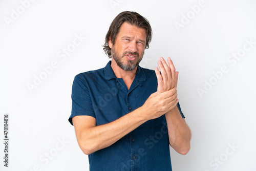 Senior dutch man isolated on white background suffering from pain in hands