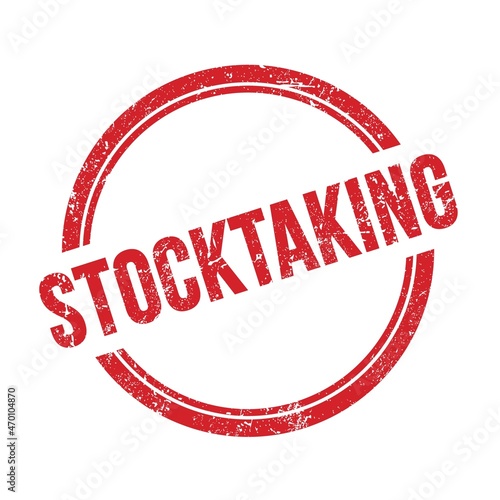 STOCKTAKING text written on red grungy round stamp.