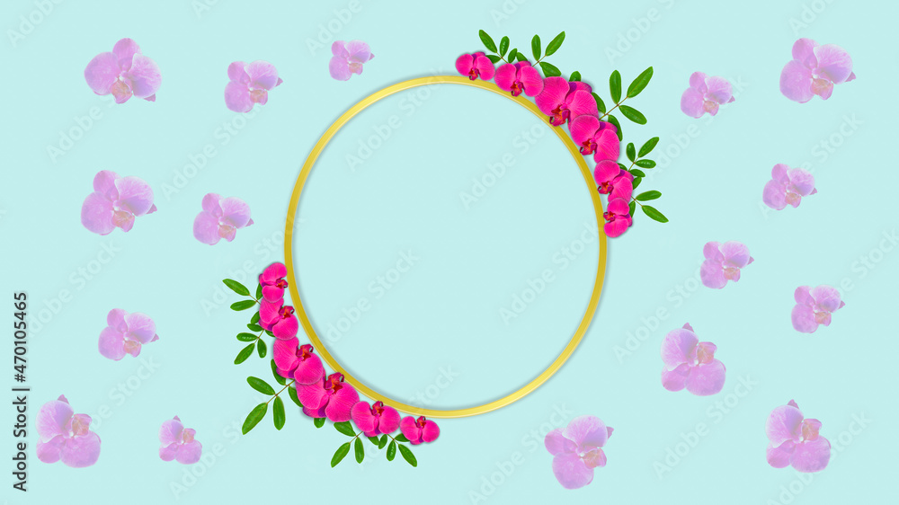 Beautiful pink tropical rose flower frame isolated on blue pastel background.with golden circle frame. copy space concept, design, text