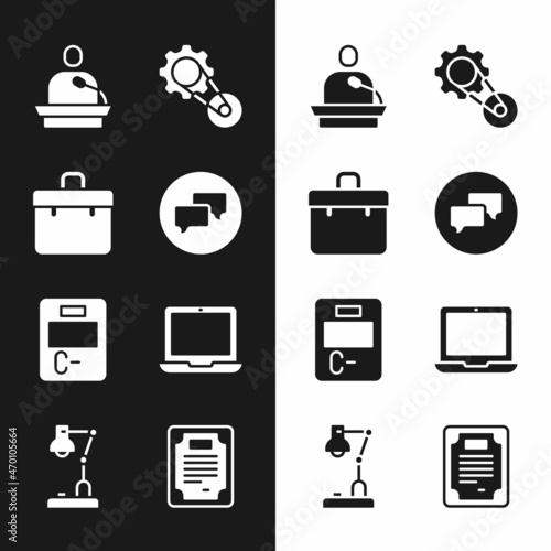 Set Speech bubble chat, Briefcase, Gives lecture, Timing belt kit, Exam paper with incorrect answers, Laptop, Certificate template and Table lamp icon. Vector