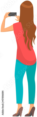 Woman taking photo at smartphone camera. Young girl making pictures standing in back view isolated on white background. Photography, mobile shooting, hobby of female character vector illustration