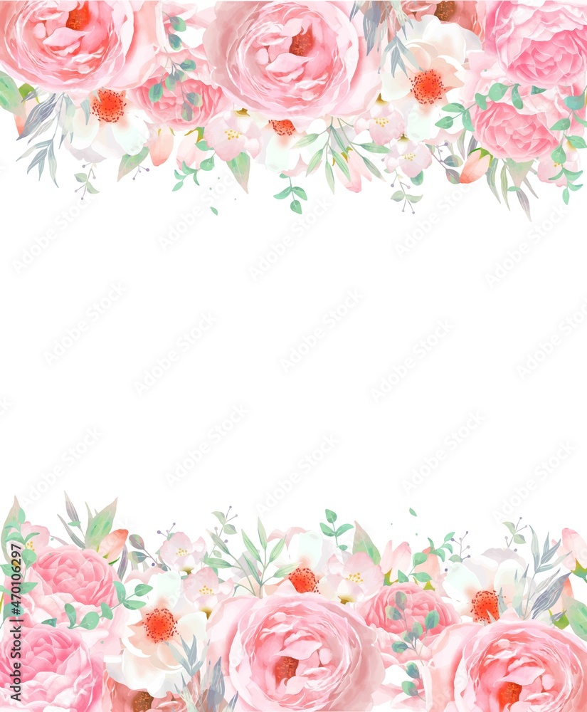 エレガントな色使いのピンク系のバラの花とリーフのフレームベクターイラスト素材