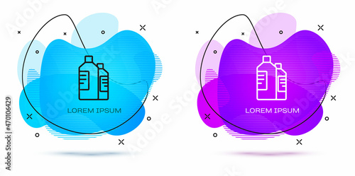 Line Plastic bottles for laundry detergent, bleach, dishwashing liquid or another cleaning agent icon isolated on white background. Abstract banner with liquid shapes. Vector Illustration