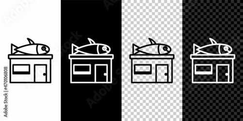 Set line Seafood store icon isolated on black and white background. Facade of seafood market. Vector.