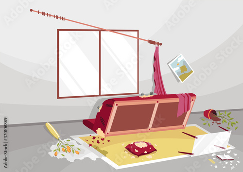Room damaged by dog. Problem of pet owner, bad domestic animal behavior vector illustration. Maked mess, damaged furniture in home room interior background
