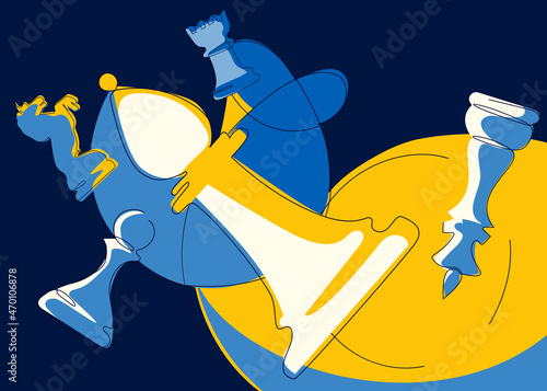 Banner with different chess pieces. Placard design in doodle style.