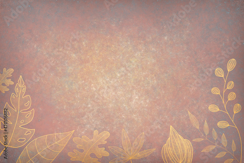 Grunge abstract watercolor background with golden leaves. 3D Render