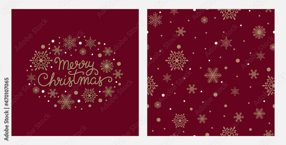 Merry Christmas greeting card and seamless pattern with snowflakes and snow. Gold on a red background. Vector illustration Merry Christmas greeting card and seamless pattern with snowflakes and snow. Gold on a red background. Vector illustration