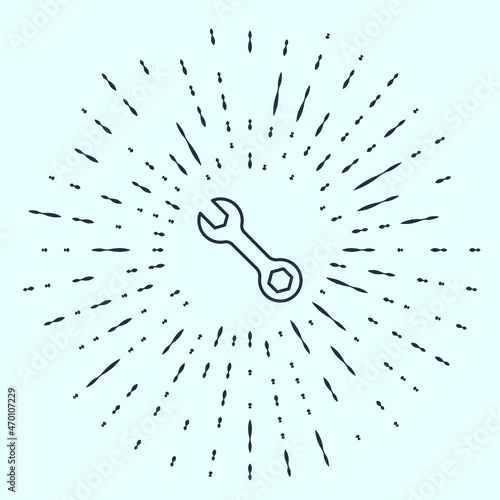 Black line Wrench spanner icon isolated on grey background. Abstract circle random dots. Vector