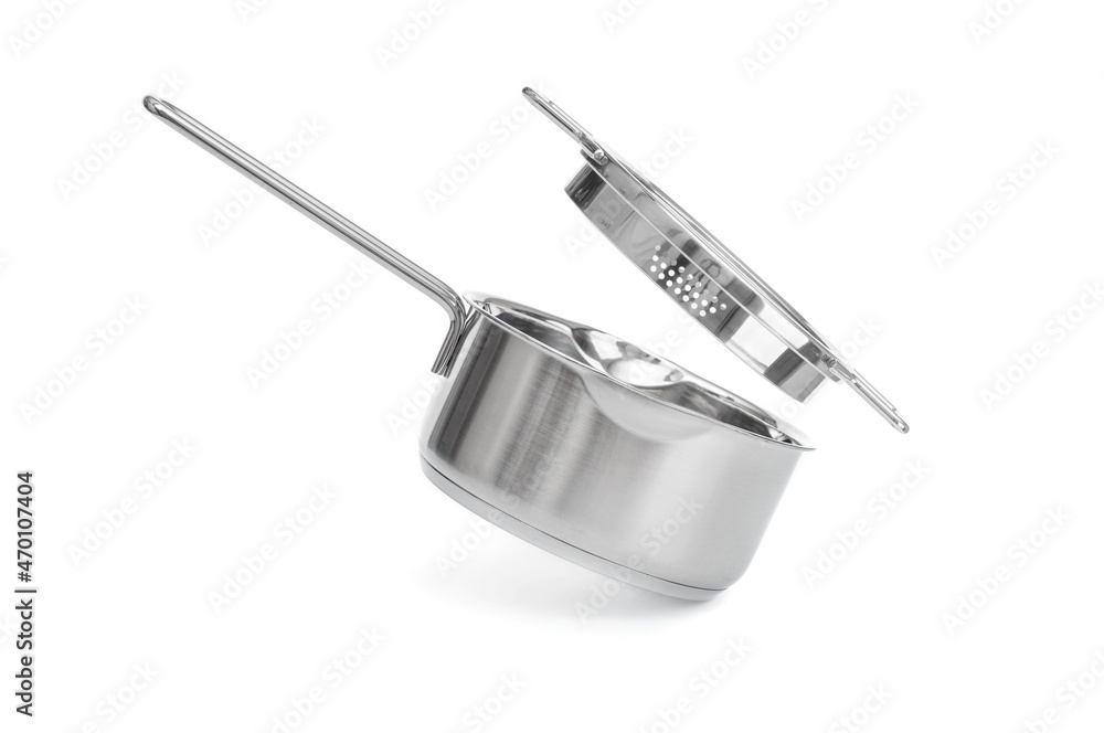 Fototapeta premium Steel saucepan with glass lid close up isolated on white background