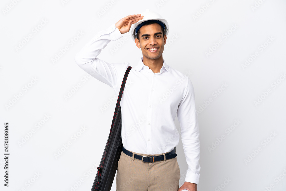 African American architect man with helmet and holding blueprints over isolated white background _ saluting with hand with happy expression African American architect man with helmet and holding blueprints over isolated white background _ saluting with hand with happy expression