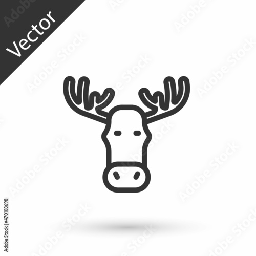 Grey line Moose head with horns icon isolated on white background. Vector