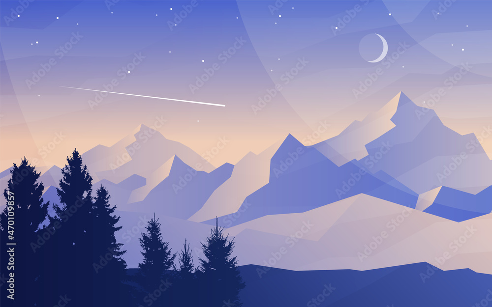 Mountain landscape. Night scene in nature with mountains and forest, silhouettes of trees. Hiking tourism. Adventure. Minimalist graphic flyers. Polygonal flat design for coupons, vouchers, gift cards Mountain landscape. Night scene in nature with mountains and forest, silhouettes of trees. Hiking tourism. Adventure. Minimalist graphic flyers. Polygonal flat design for coupons, vouchers, gift cards