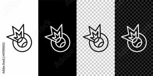 Set line Baseball ball icon isolated on black and white, transparent background. Vector