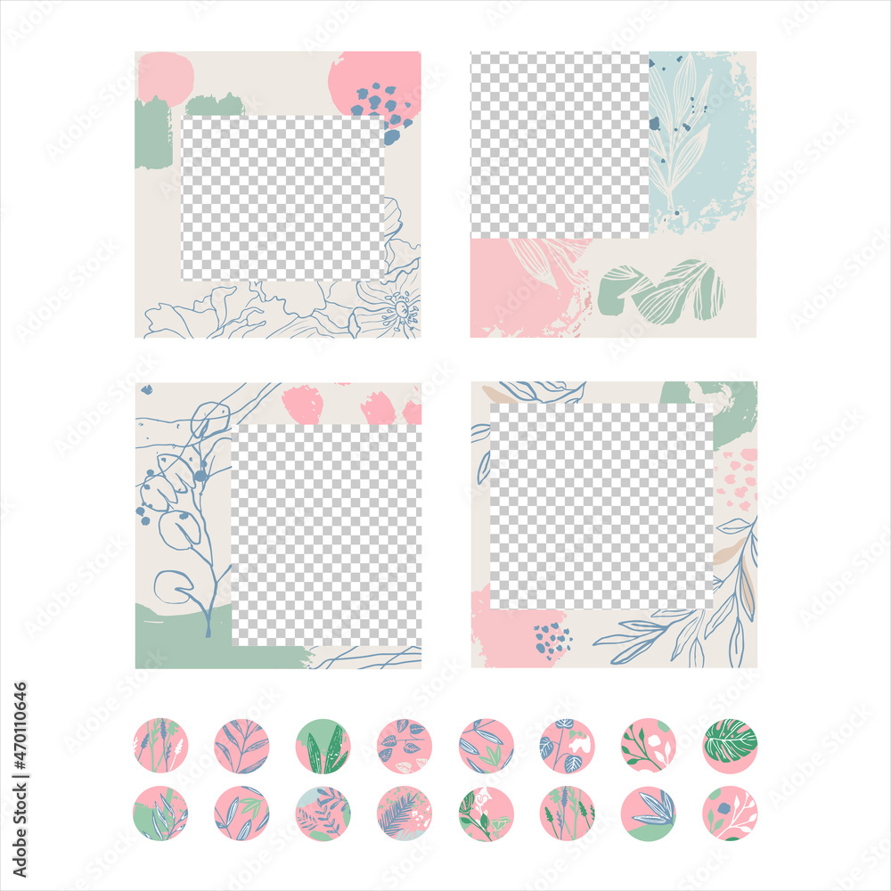 Abstract decor with plants. A set of spotted flowers in the boho style. Creative templates for social networks Abstract decor with plants. A set of spotted flowers in the boho style. Creative templates for social networks