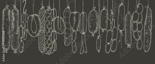 Seamless pattern background of sausage products and meat delicacies. Sausages, bacon, lard, salami in sketch style. photo