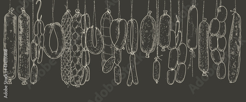 Seamless pattern background of sausage products and meat delicacies. Sausages, bacon, lard, salami in sketch style.