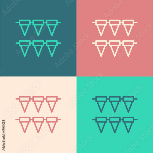 Pop art line Carnival garland with flags icon isolated on color background. Party pennants for birthday celebration, festival decoration. Vector