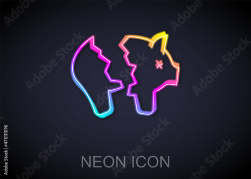 Glowing neon line Broken piggy bank icon isolated on black background. Icon saving or accumulation of money, investment. Vector