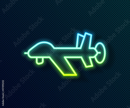 Glowing neon line UAV Drone icon isolated on black background. Military Unmanned aircraft spy. Vector