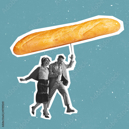 Contemporary art collage joyful young couple, man and woman walking under rain with baguette, bread umbrella isolated over blue background photo