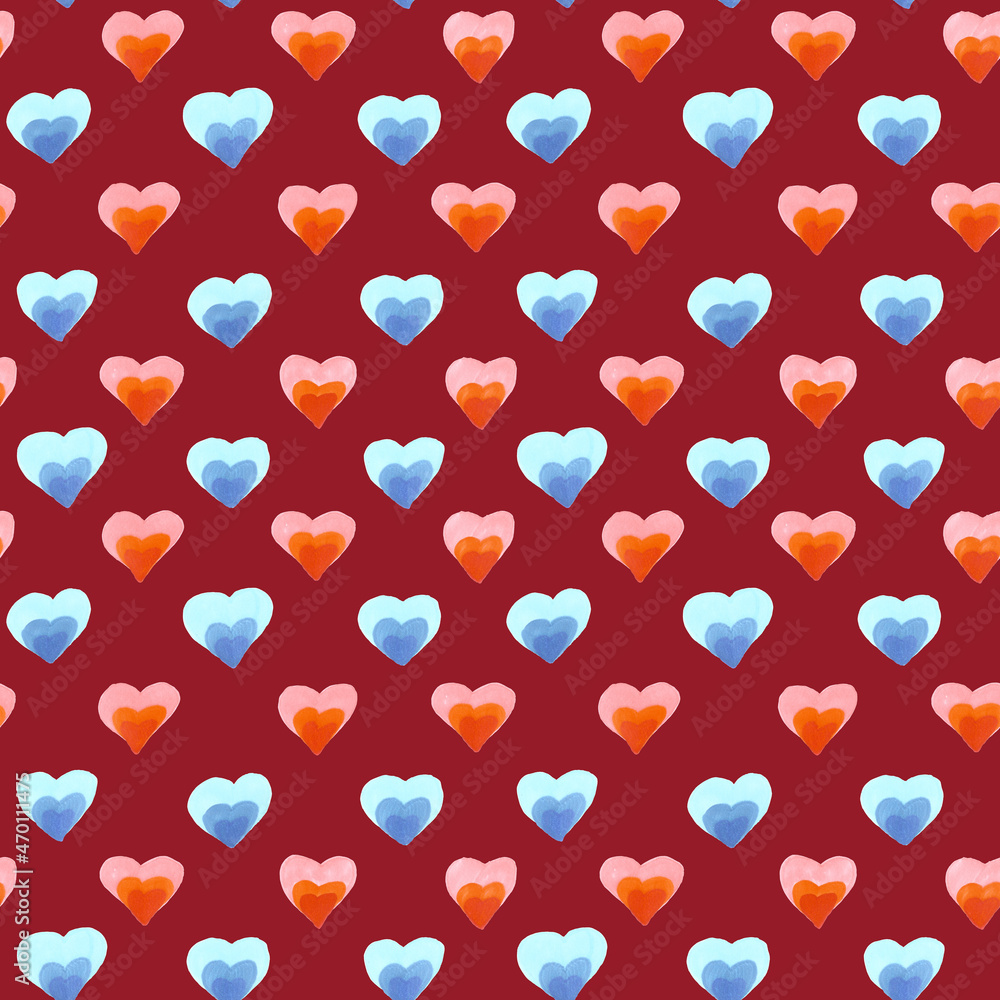 Seamless pattern of pink and blue hearts drawn by markers on a burgundy background. For fabric, sketchbook, wallpaper, wrapping paper. Seamless pattern of pink and blue hearts drawn by markers on a burgundy background. For fabric, sketchbook, wallpaper, wrapping paper.