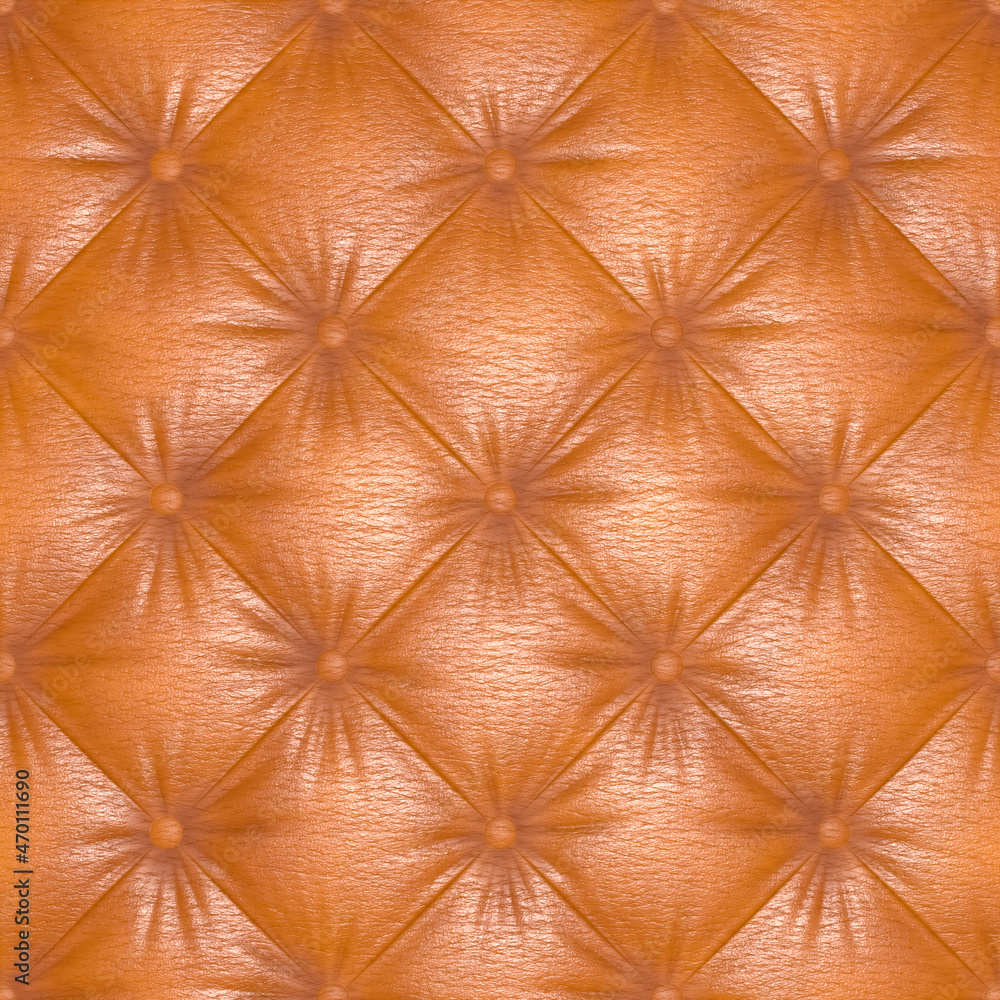 Fototapeta premium Chesterfield. The luxurious and rough background of the classic worn leather texture of the sofa with leather buttons. Yellow Pigskin background. 3D-rendering