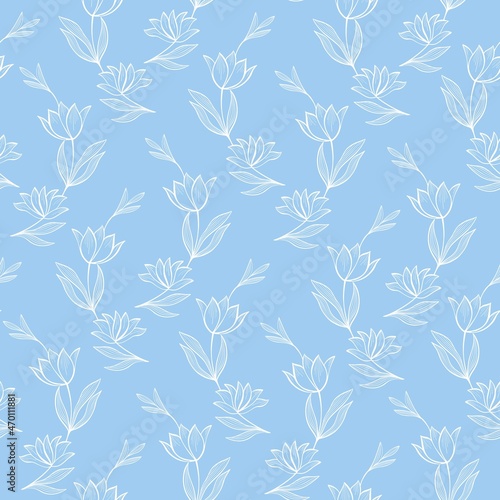 Delicate white flowers on a light blue background seamless pattern. Floral pastel background. Template for fabric, packaging and wallpaper.